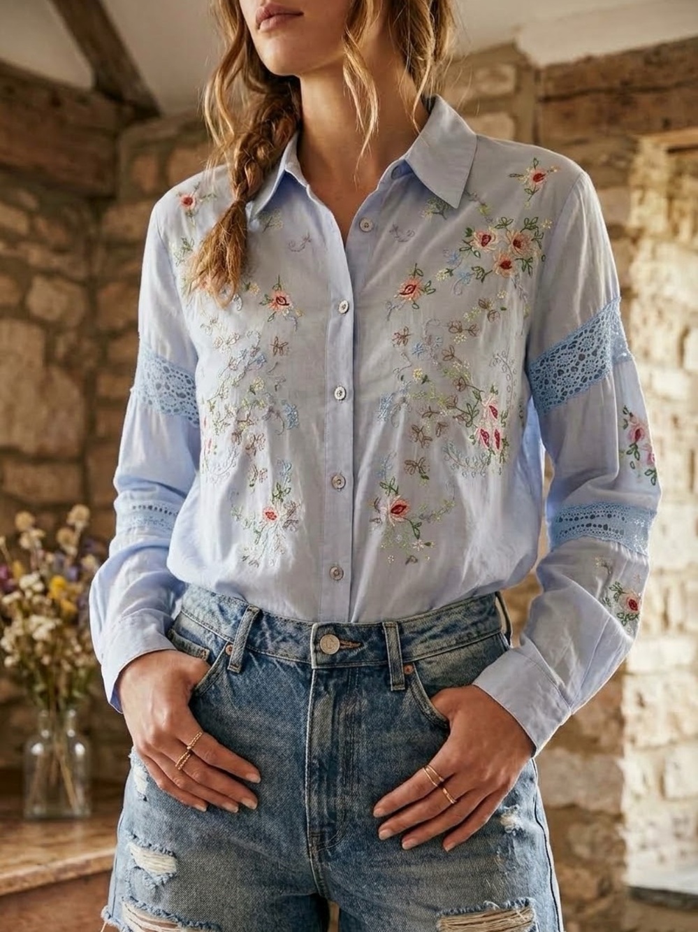VINTAGE Together Cotton Embroidered Floral Lace Button Down | Feminine | Small